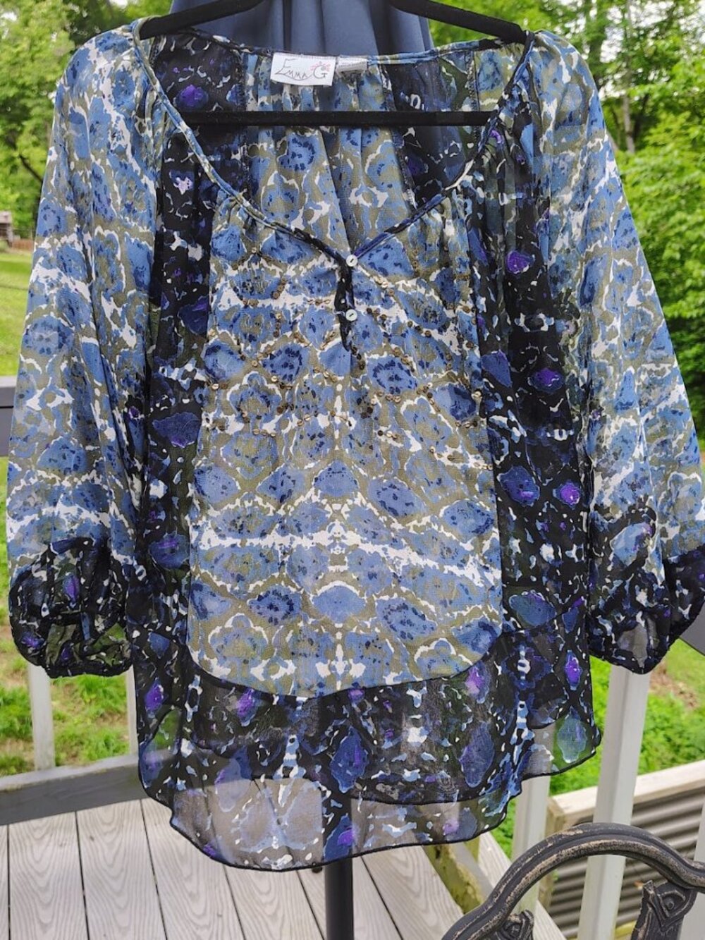 Sheer Peasant Blouse Emma G Boho Abstract Geometric  Blue Purple Black